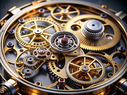 Intricate gear mechanism revealed inside an elegant timepiece, showcasing precision engineering with interlocking wheels, springs, and balances in a mesmerizing dance of modern craftsmanship. photo