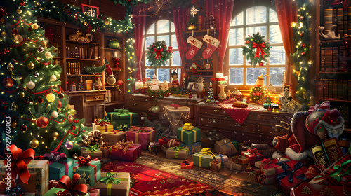 Obraz na płótnie Beautiful House room which is decorated with christmas ornaments and gifts. w salonie