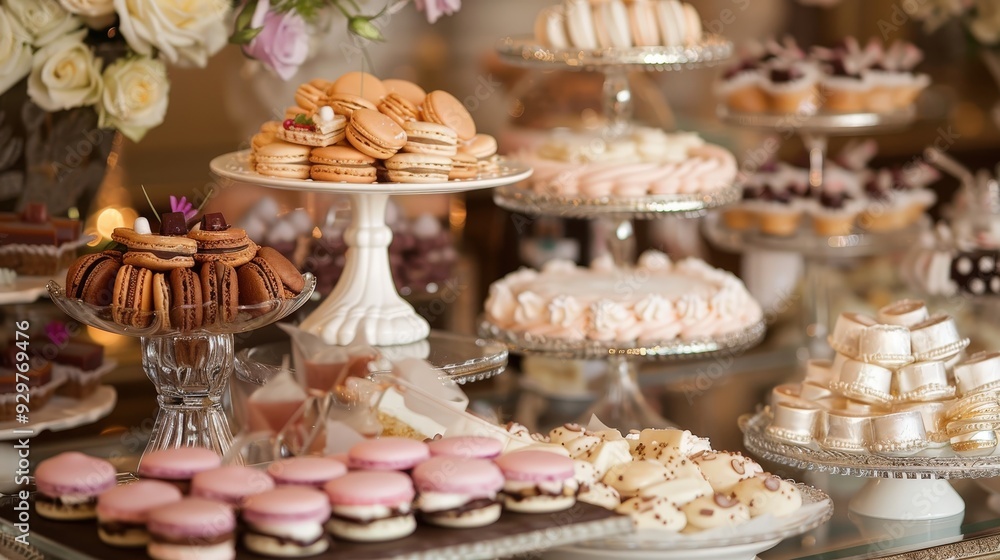 Depict an elegant dessert buffet with a selection of exquisite pastries, macarons, and chocolate fondue Depict an elegant dessert buffet with a selection of exquisite pastries, macarons, and chocolate fondue