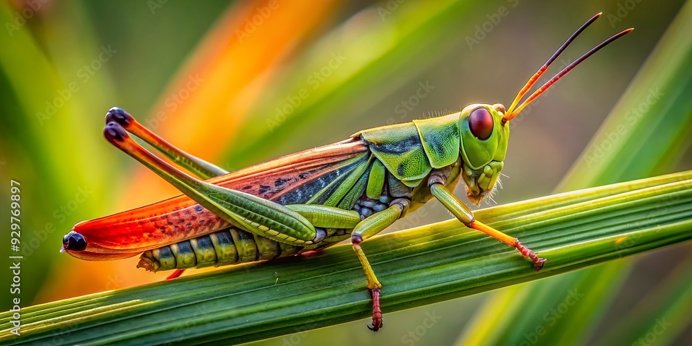 Vibrant green grasshopper perches on thin blade of grass, its delicate legs and wings a contrast to its vibrant orange and black body markings. Vibrant green grasshopper perches on thin blade of grass, its delicate legs and wings a contrast to its vibrant orange and black body markings.