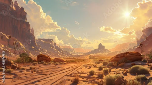 Depict an isolated road meandering through a dense, silent desert with scattered rock formations and a bright sun overhead. photo