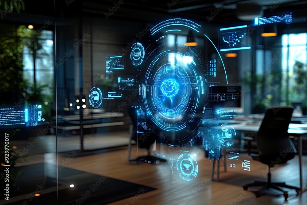 High-tech office with holographic AI interfaces and digital displays, featuring advanced algorithms and modern design in a sleek, futuristic workspace. High-tech office with holographic AI interfaces and digital displays, featuring advanced algorithms and modern design in a sleek, futuristic workspace.