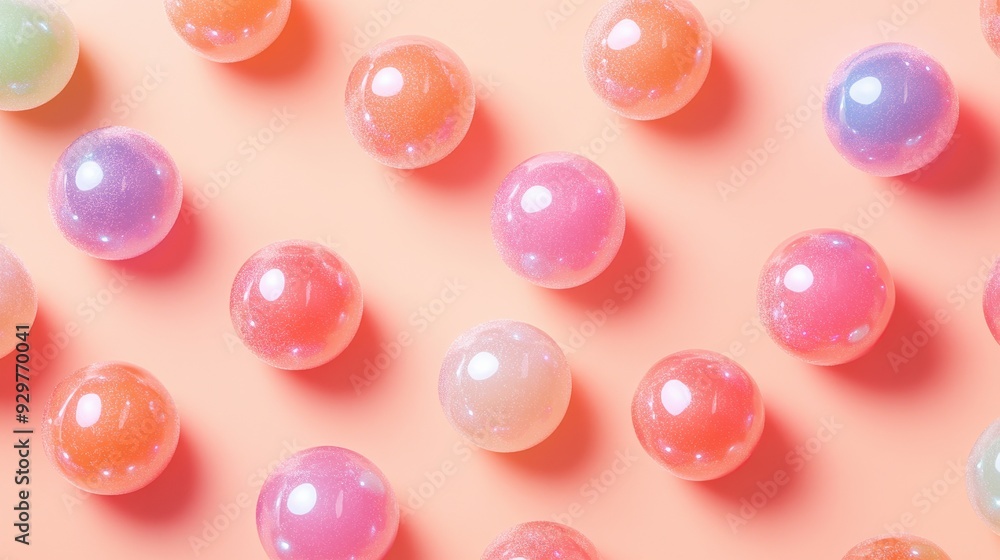 A colorful arrangement of glossy, translucent spheres on a pastel background. A colorful arrangement of glossy, translucent spheres on a pastel background.
