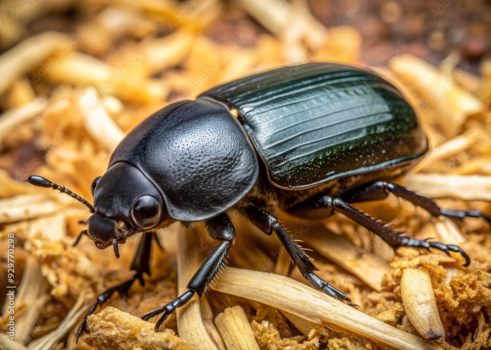 A large black beetle with a shiny, rounded carapace slowly crawls across a bed of soft, golden wood shavings, showcasing its intricate, armored body. A large black beetle with a shiny, rounded carapace slowly crawls across a bed of soft, golden wood shavings, showcasing its intricate, armored body.