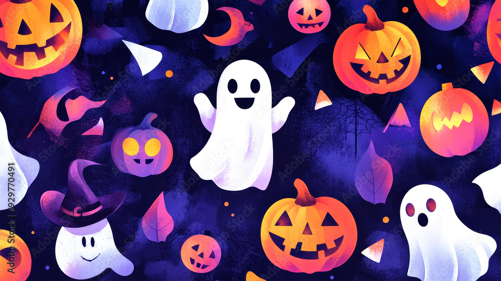 Colorful Halloween symbols like pumpkins and ghosts come alive in a vibrant and textured graffiti-style artwork against a haunting background Colorful Halloween symbols like pumpkins and ghosts come alive in a vibrant and textured graffiti-style artwork against a haunting background