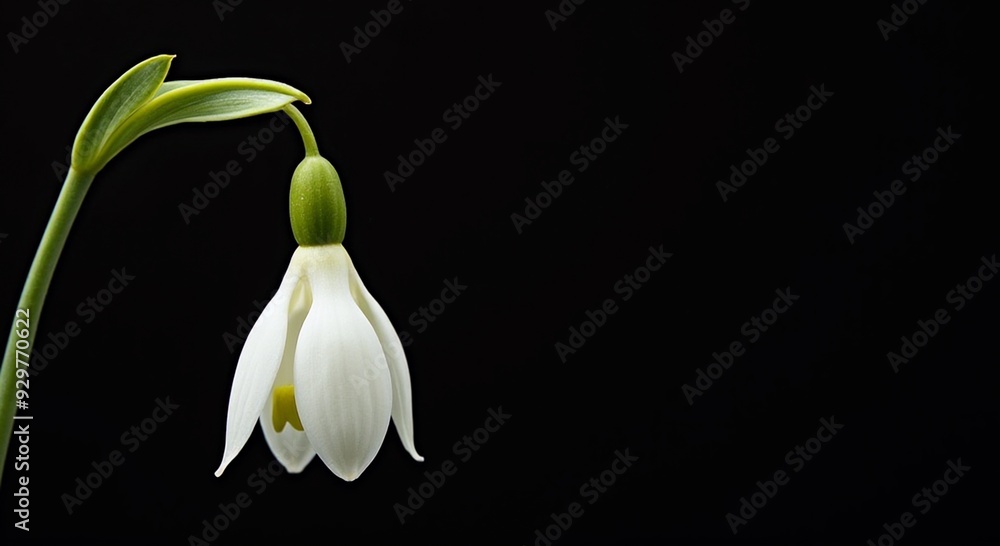 Elegant snowdrop flower on black background, signifies purity and renewal, ideal for spring marketing, events, print, and digital applications. Elegant snowdrop flower on black background, signifies purity and renewal, ideal for spring marketing, events, print, and digital applications.
