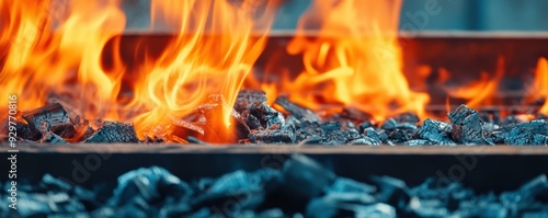 Close-up of metal being melted in a furnace for recycling, intense heat and color contrast, recycling factory, metal reprocessing photo