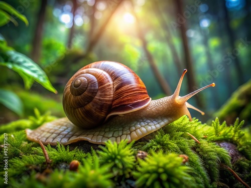 A slow-moving snail with a brown shell crawls on a lush green moss-covered leaf in a serene and misty rainforest, surrounded by vibrant green foliage.