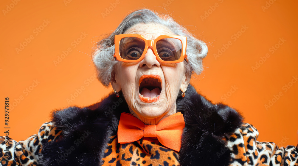 An elderly woman enthusiastically screams at the camera, showcasing her vibrant style with orange sunglasses and a festive fur coat An elderly woman enthusiastically screams at the camera, showcasing her vibrant style with orange sunglasses and a festive fur coat