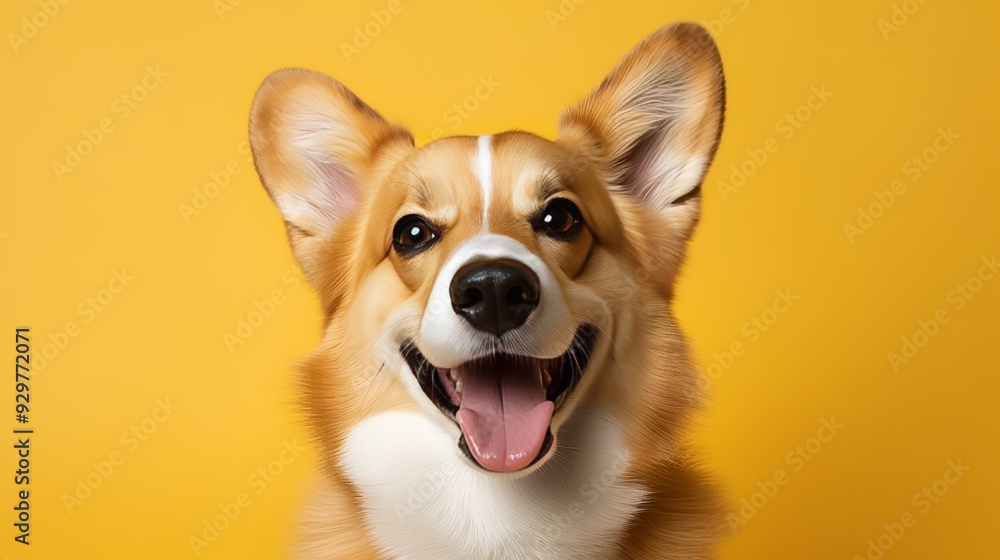 Cheerful european guy comforting adorable corgi dog, smiling at camera on yellow studio backdrop Cheerful european guy comforting adorable corgi dog, smiling at camera on yellow studio backdrop