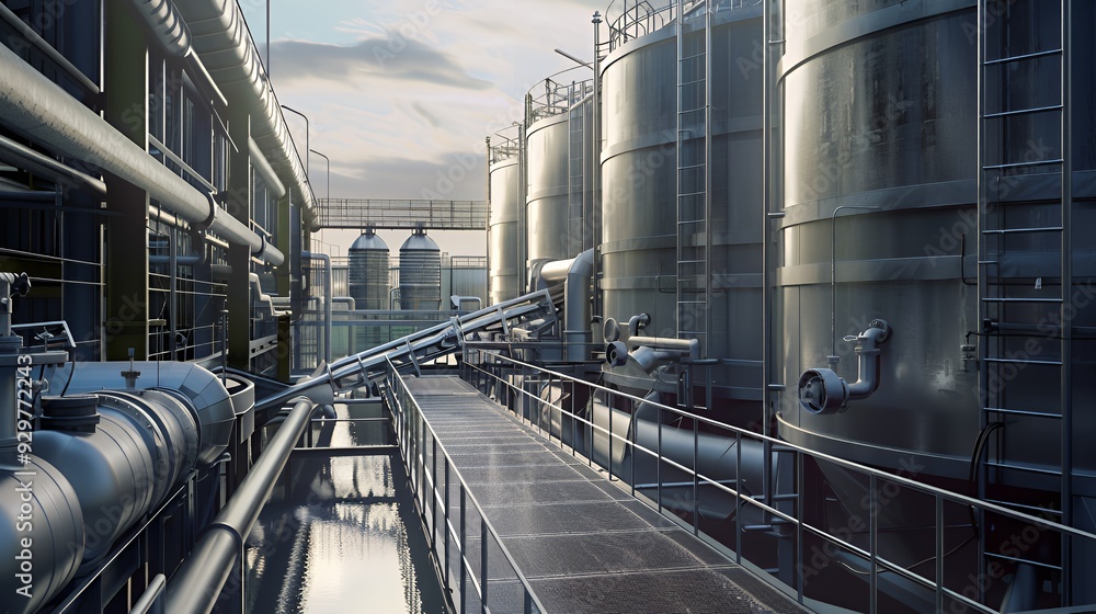 Industrial scene with large storage tanks and pipelines, showcasing manufacturing processes. Industrial scene with large storage tanks and pipelines, showcasing manufacturing processes.