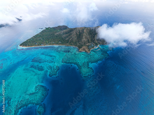 Aerial view above pristine coral reef system	