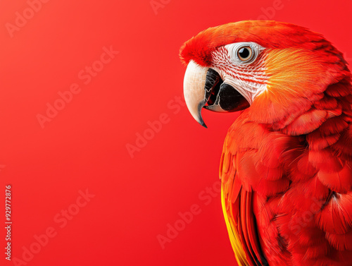 A red and yellow parrot is standing in front of a red background photo