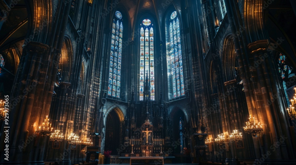 Interior of a grand cathedral with stained glass windows and ornate lighting. Interior of a grand cathedral with stained glass windows and ornate lighting.