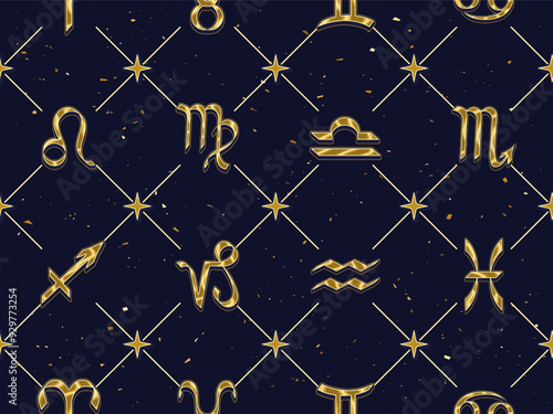 Seamless geometric pattern with golden icons of all zodiac signs, stars on dark background. Classic square geometric diagonal net grid background. Esoteric mystic concept.