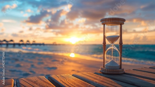 An hourglass placed on a wooden deck by the sea during sunset, symbolizing the passage of time, reflection, and peaceful moments. 