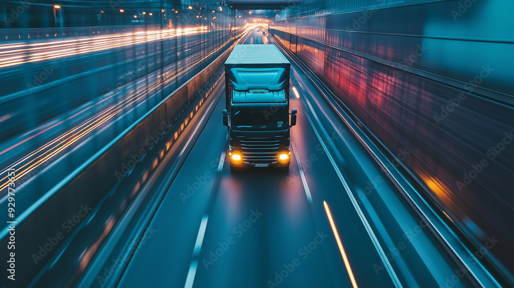 Fototapeta premium Globale vernetzte Lieferkette durch smarte innovative Logistikprozesse LKW Schiff Weltkarte leuchtpunkte Bewegung Generative AI