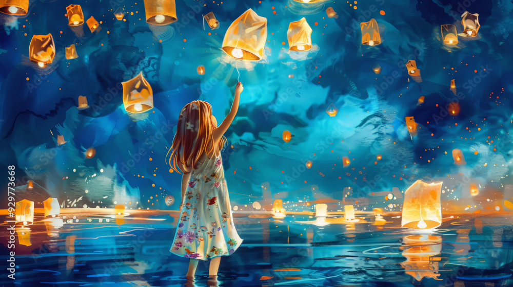 custom made wallpaper toronto digitalA serene scene of a woman releasing lanterns into the night sky over water, symbolizing hope, dreams, and peaceful moments.