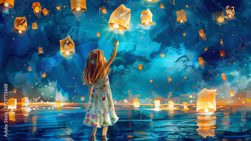 A serene scene of a woman releasing lanterns into the night sky over water, symbolizing hope, dreams, and peaceful moments.

