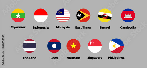 Flags of Southeast Asian countries, Vector Illustration. Myanmar, Indonesia, Malaysia, East Timor, Brunei, Cambodia, Thailand, Laos, Vietnam, Singapore, Philippines