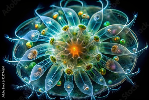 Vibrant, translucent plankton organism floats in darkness, its delicate, lacy appendages and intricate, swirling patterns mesmerizingly captured in exquisite, high-magnification macro detail.