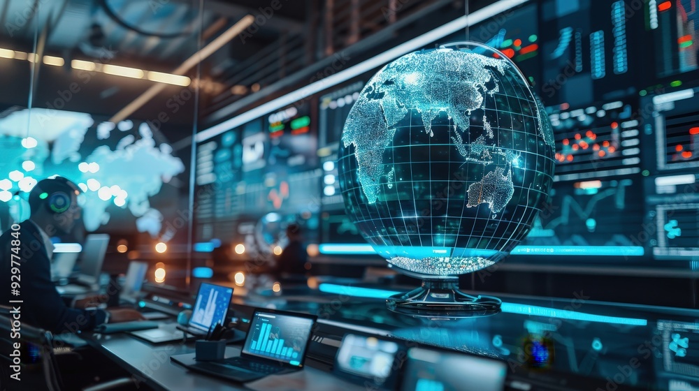 Design a global business setting featuring a digital globe and financial graphs displayed on large screens. Design a global business setting featuring a digital globe and financial graphs displayed on large screens.