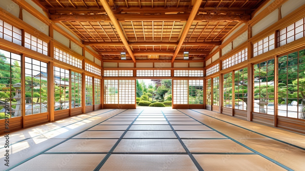 Traditional Japanese Architecture Tranquil Empty Room with Tatami Mats and Open Garden Views Traditional Japanese Architecture Tranquil Empty Room with Tatami Mats and Open Garden Views