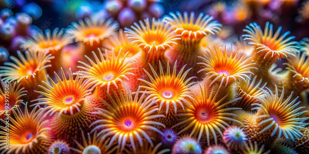 Vibrant coral polyps stretch tentacles to capture tiny shrimp and plankton in the warm, sunlit waters of a colorful Caribbean coral reef ecosystem. Vibrant coral polyps stretch tentacles to capture tiny shrimp and plankton in the warm, sunlit waters of a colorful Caribbean coral reef ecosystem.