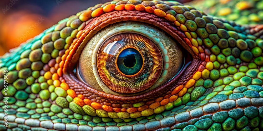 Obraz premium Vibrant colors and intricate details are showcased in an extreme close-up of a lizard's eye, revealing scales, ridges, and a piercing gaze.