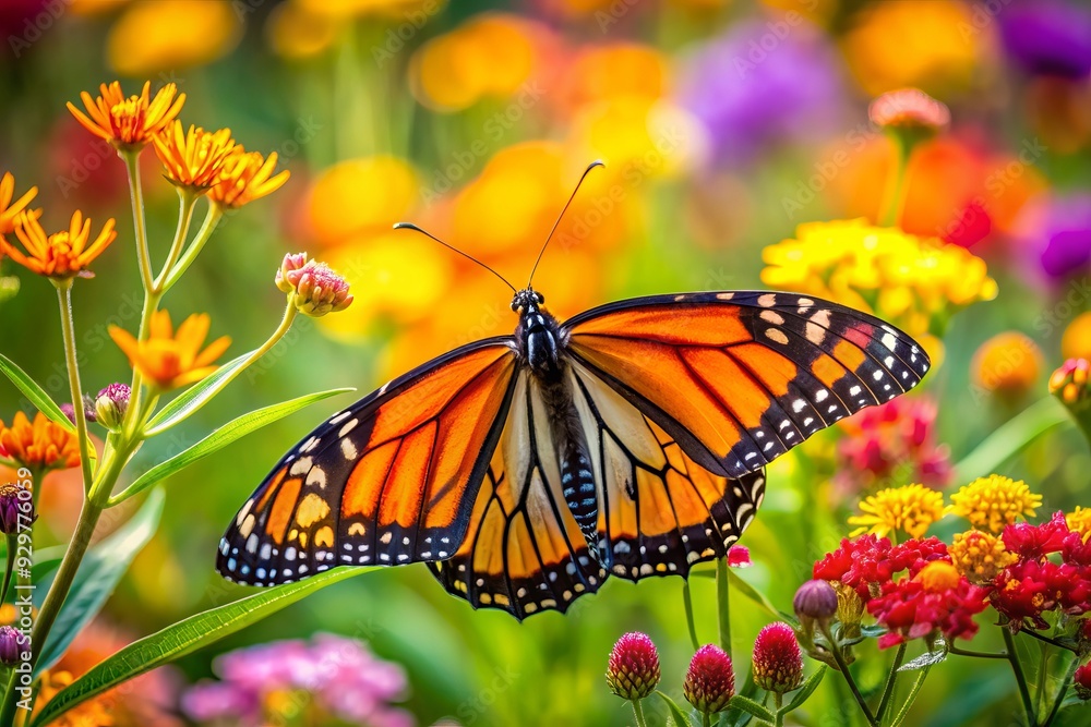 Naklejka premium Vibrant orange and black monarch butterfly sips sweet nectar from colorful wildflowers swaying gently in a sunny garden filled with lush green foliage.