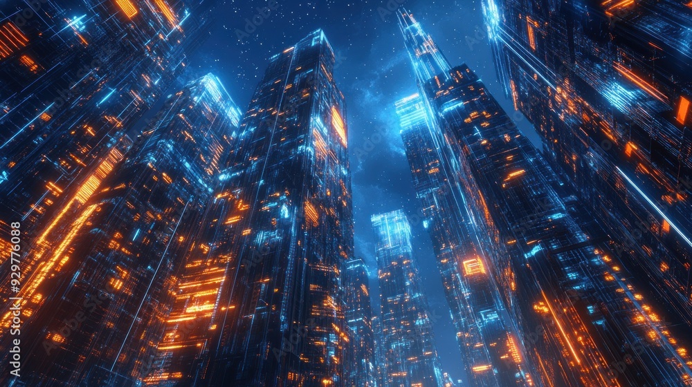 Fototapeta premium Futuristic Cityscape with Glowing Towers and a Starry Sky