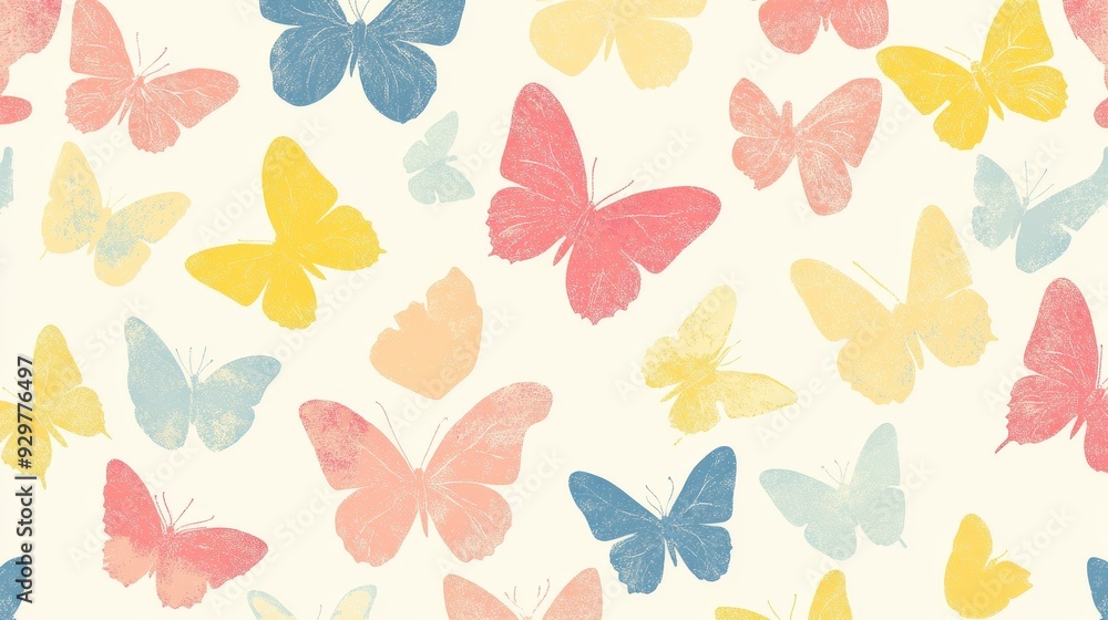 Fototapeta premium A colorful pattern featuring various butterflies on a light background.