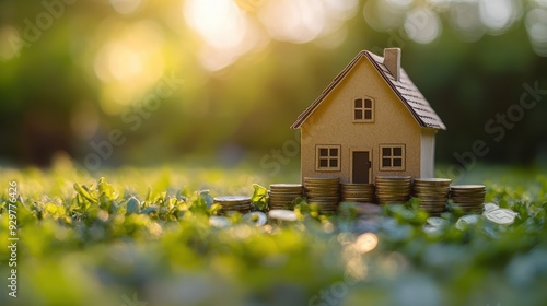 Real estate investment with A miniature house model surrounded by stacks of coins on a table, symbolizing real estate investment and financial growth,Concept for property ladder,Saving money.