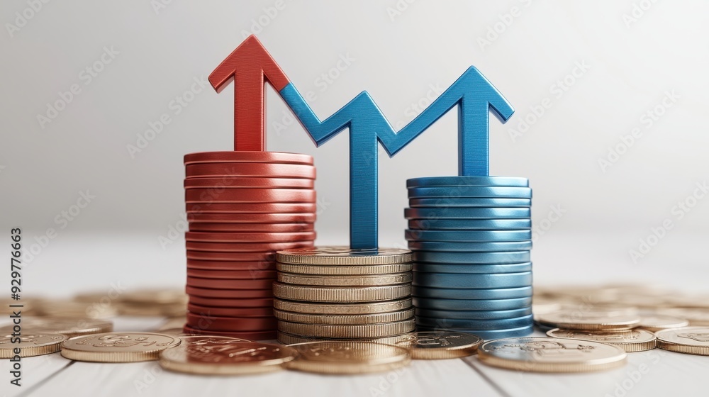 Red Upward arrow on money coin stack as growth graph steps in home shape symbol,Savings, income, home investment, real estate price value, property profit concepts,the rising price of real estate. Red Upward arrow on money coin stack as growth graph steps in home shape symbol,Savings, income, home investment, real estate price value, property profit concepts,the rising price of real estate.