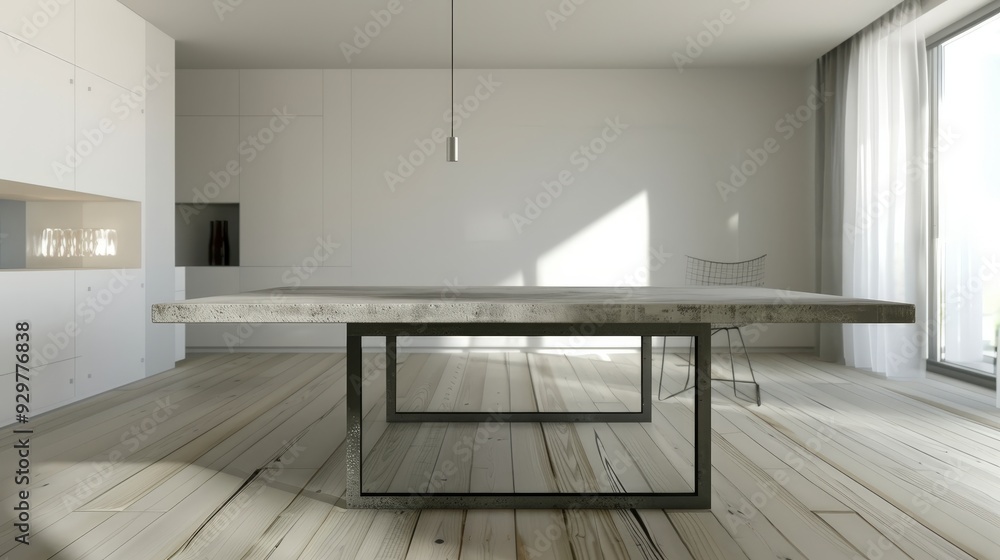Design a minimalist dining table with a concrete top and thin, metal legs. Design a minimalist dining table with a concrete top and thin, metal legs.