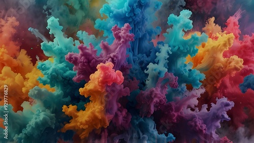 Clubs of ink and bright colors, smoke. A holographic paint burst, an explosion. Pastel-colored abstract psychedelic background. three-dimensional rendering