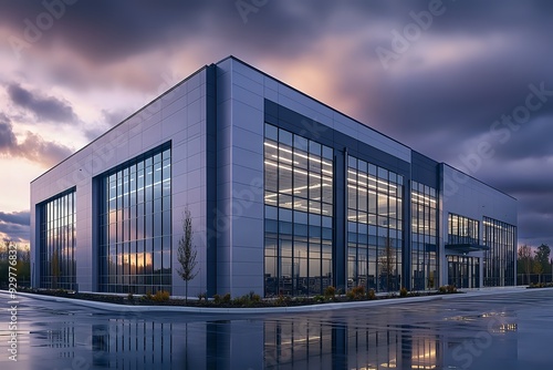 Modern Office Building Reflecting in Wet Pavement After Rain, Architectural Design with Glass Facade, Corporate Workspace