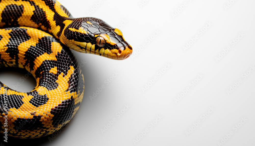 Fototapeta premium A yellow and black snake is curled up on a white background