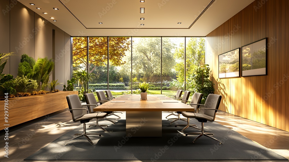 Fototapeta premium Modern conference room with a large wooden table and office chairs, featuring floor-to-ceiling windows that look out onto a sunny green park.