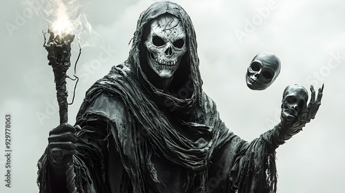 Skeletal sorcerer in tattered robes, holding a glowing staff, with floating Halloween masks, cinematic lighting, isolated on white background