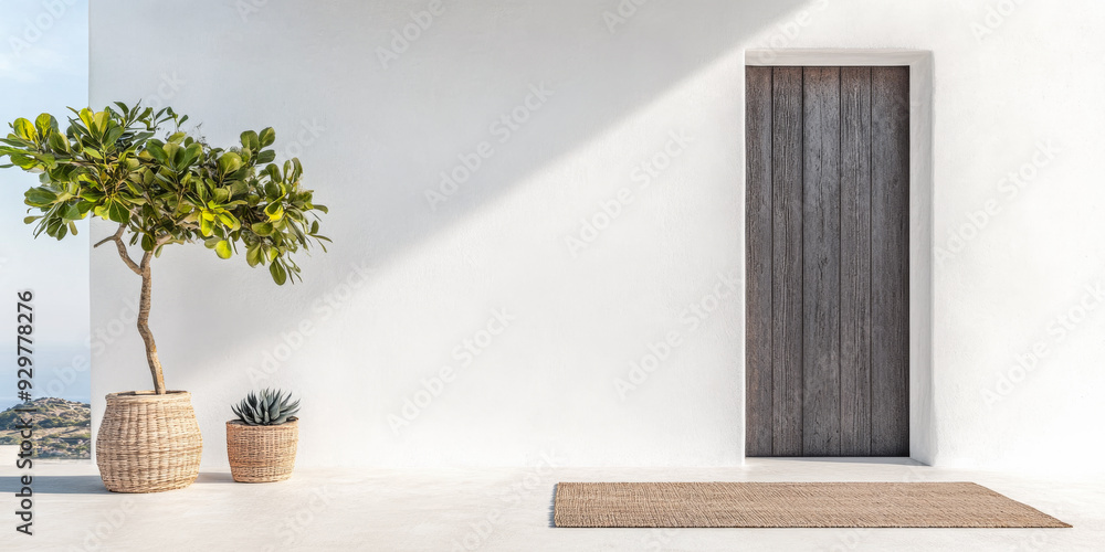 Obraz premium Minimalist Mediterranean Patio with Wooden Door and Potted Plants