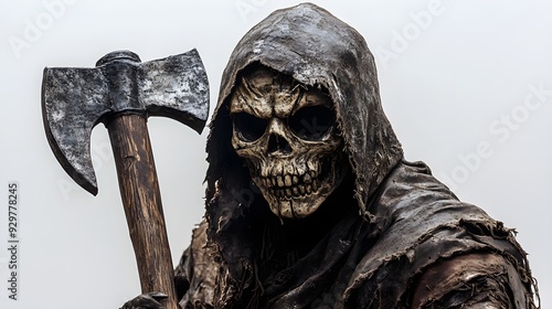 Skeleton executioner with a weathered axe, spooky Halloween mask, intricate shading, isolated on white background