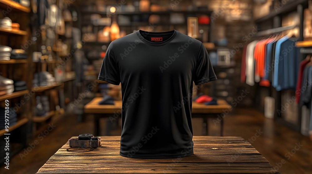 A black t-shirt displayed on a wooden table in a retail setting. A black t-shirt displayed on a wooden table in a retail setting.