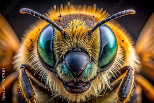 Vibrant close-up portrait of a bee's face, showcasing large compound eyes covered in tiny hairs and intricate mouthparts in exquisite detail.