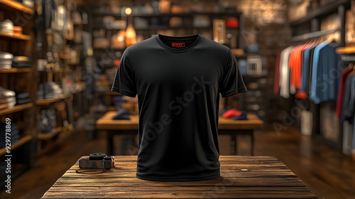 A black t-shirt displayed o...