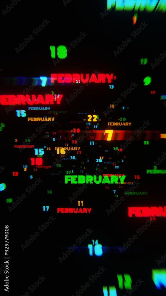 February Calendar Dates in Vivid Motion on Dark Background February Calendar Dates in Vivid Motion on Dark Background