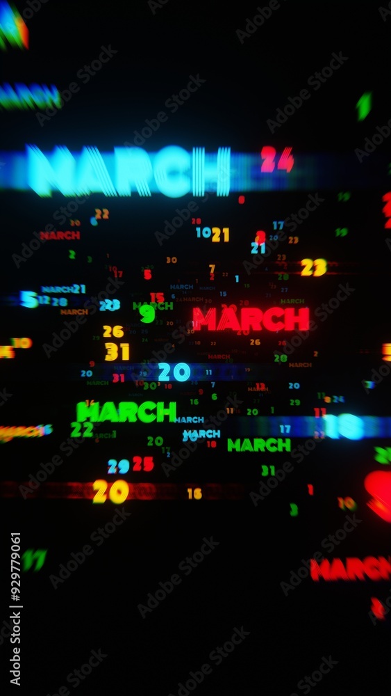 Fototapeta premium March Calendar Dates in Motion with Neon Colors on Dark Background