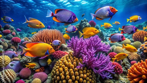 Vibrant orange and purple coral reefs thrive in a turquoise ocean, teeming with diverse fish species, including angelfish, butterflyfish, and triggerfish, in harmony. photo