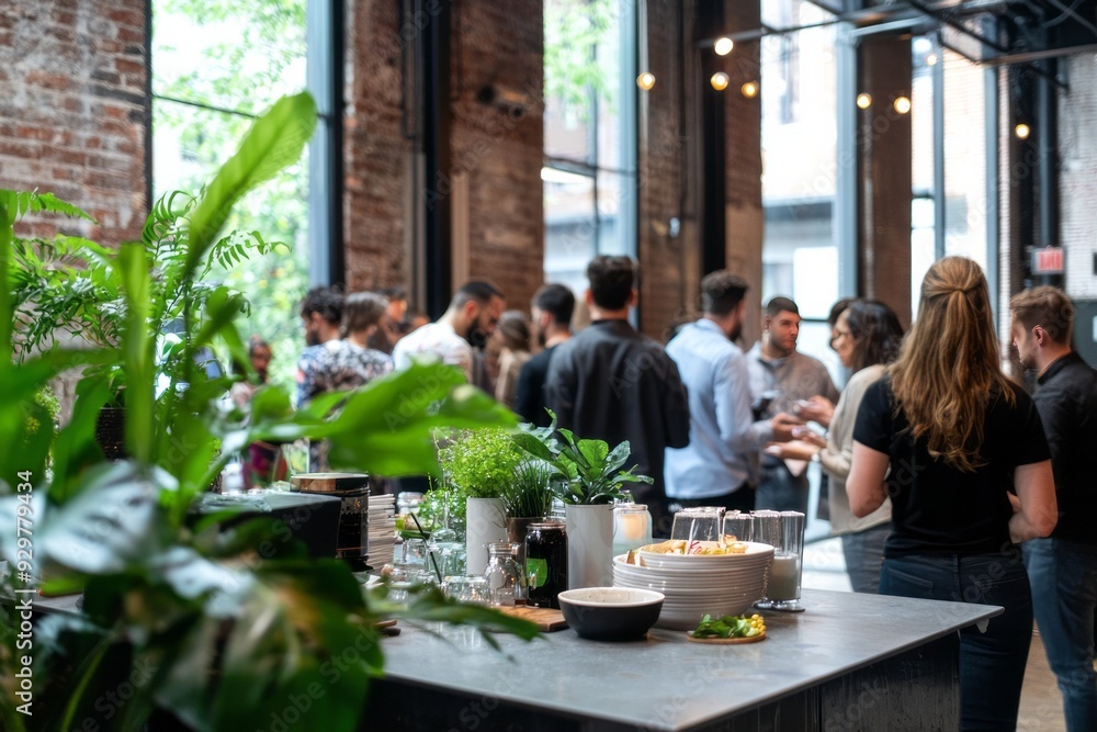 A group of creative professionals networking at a chic venue with innovative design and networking stations A group of creative professionals networking at a chic venue with innovative design and networking stations