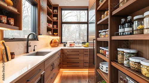 Modern kitchen with organized shelves and a sleek design, showcasing storage solutions.